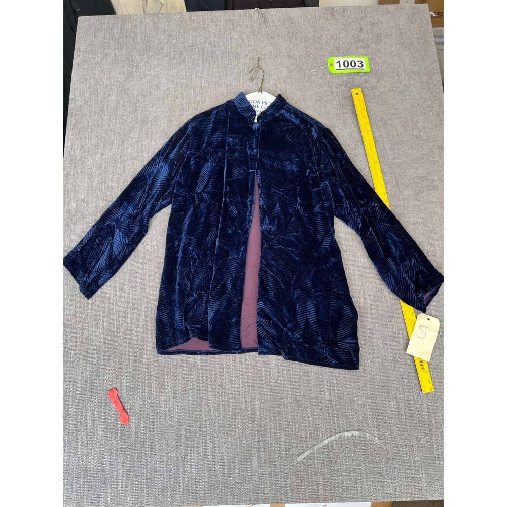 Harari Open Front Jacket Womens S Blue Silk Blend Leaf Textured Luxury Designer